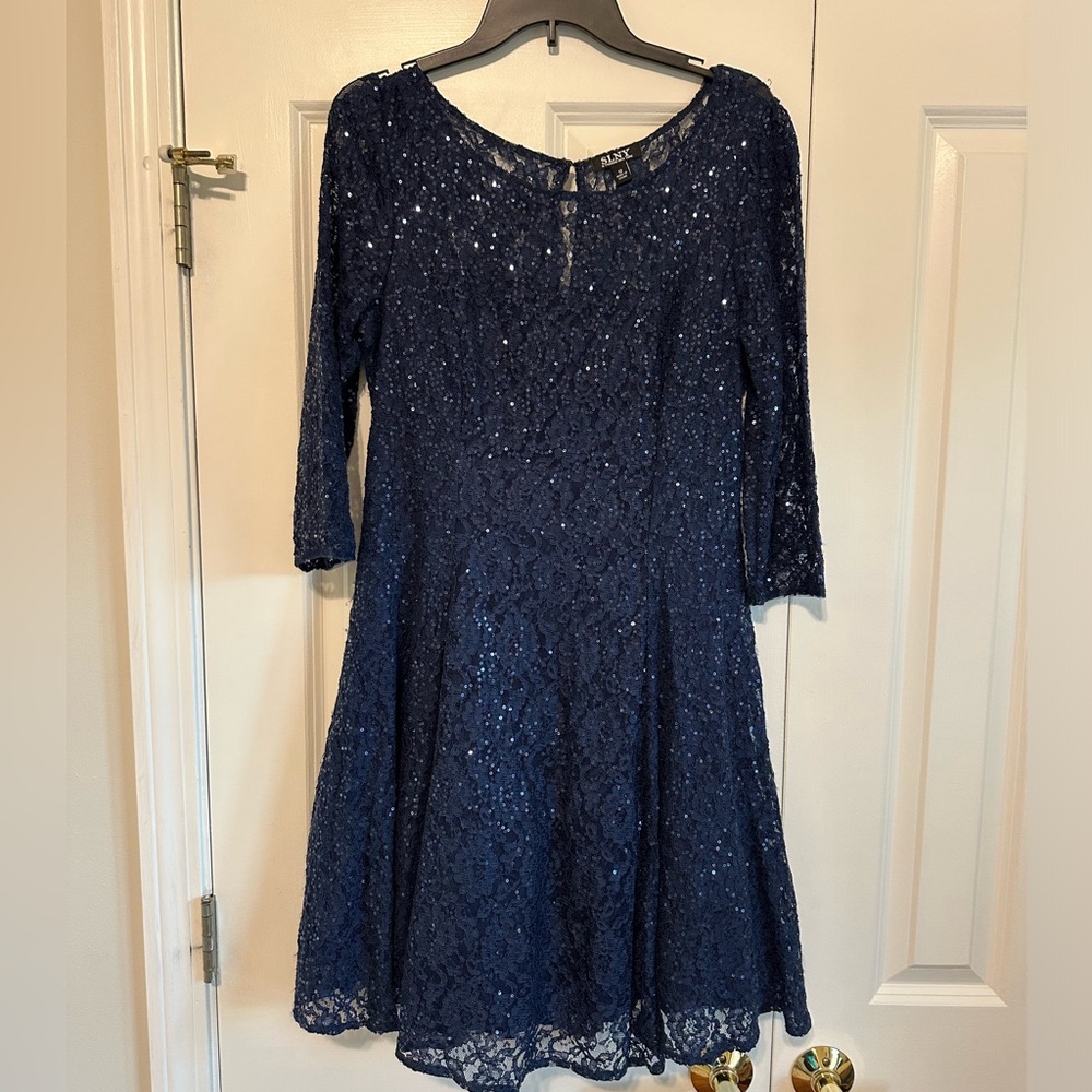 SLNY Navy Blue Cocktail Dress with Sequins
